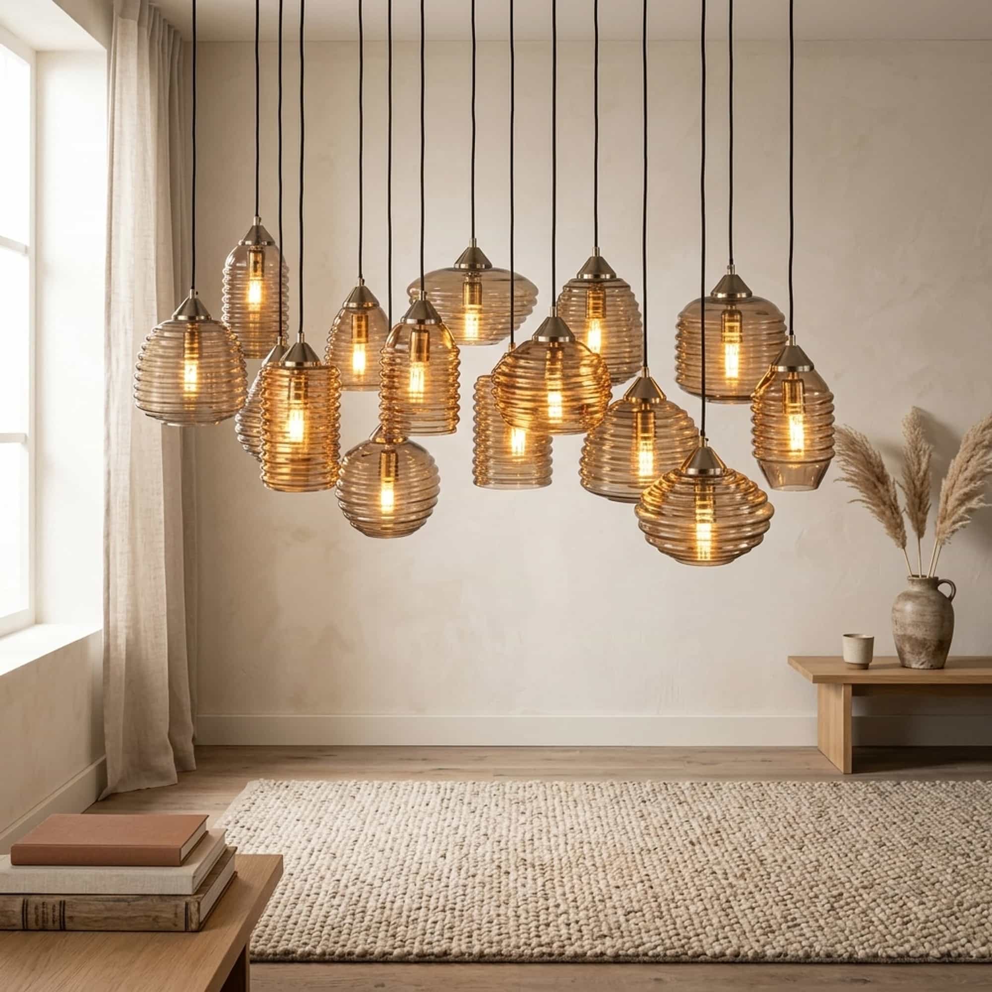 Hanglamp Rib Glass 5+5+5-lichts / Amber glas