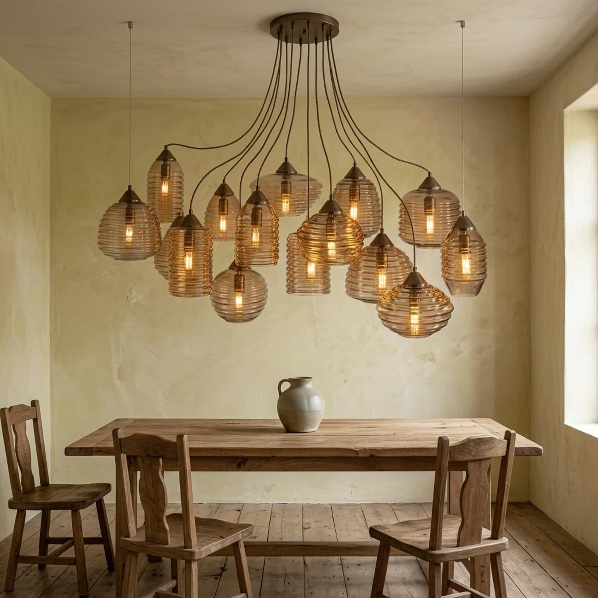 Hanglamp Rib Glass 5+5+5-lichts / Amber glas