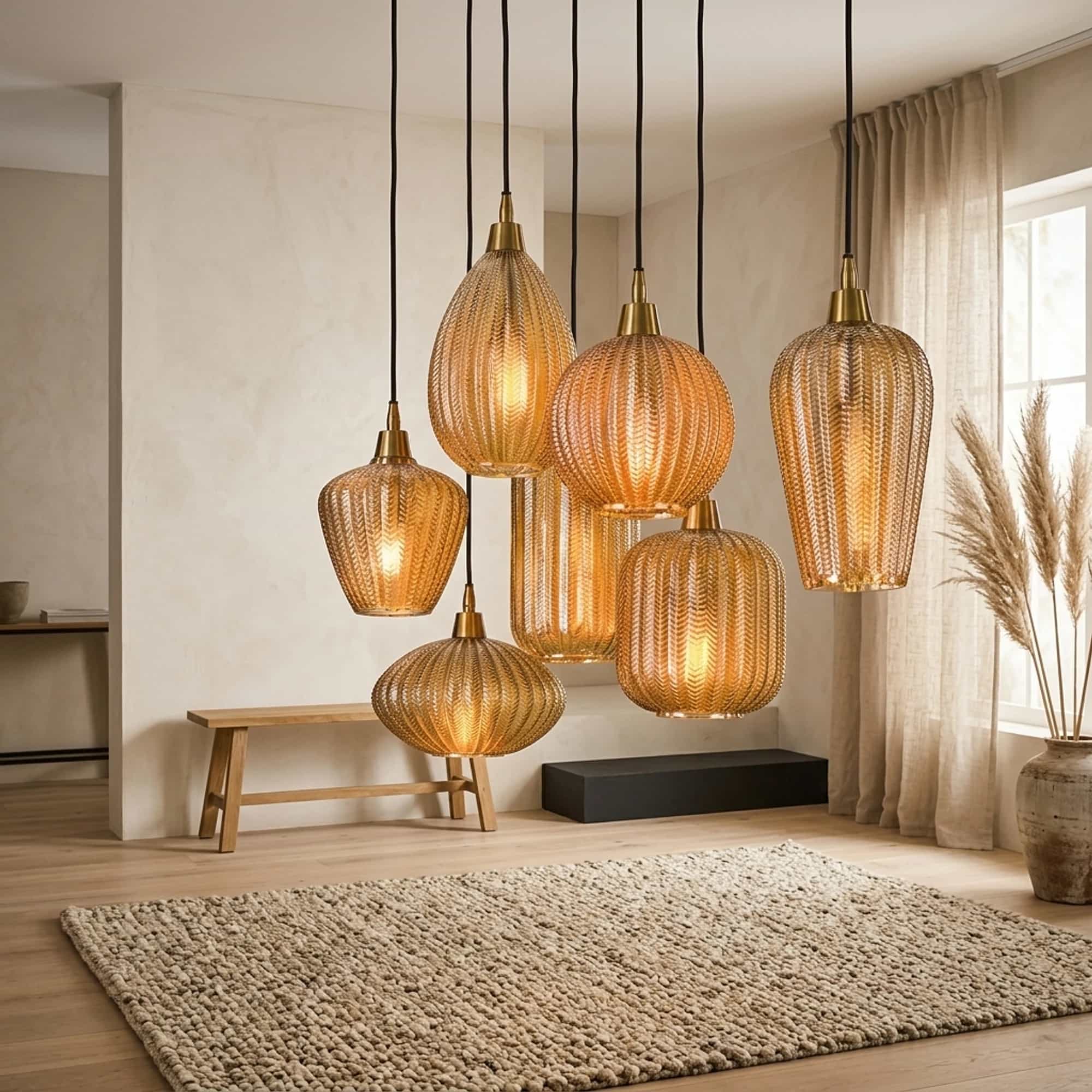 Hanglamp V-Shape 4+3-lichts / Amber glas
