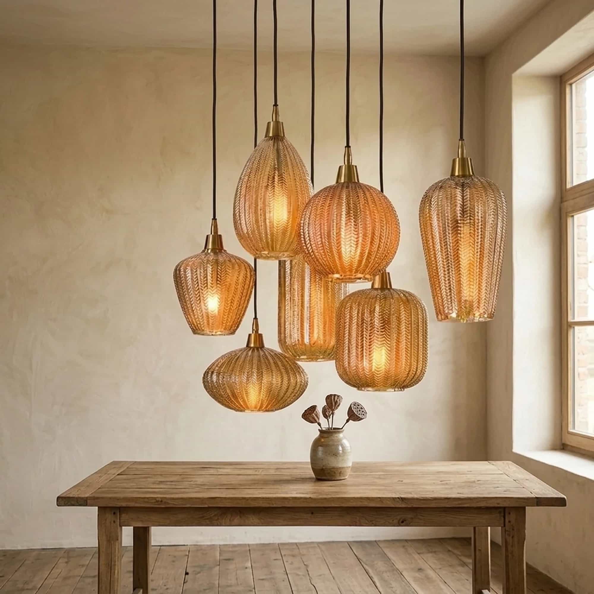 Hanglamp V-Shape 4+3-lichts / Amber glas
