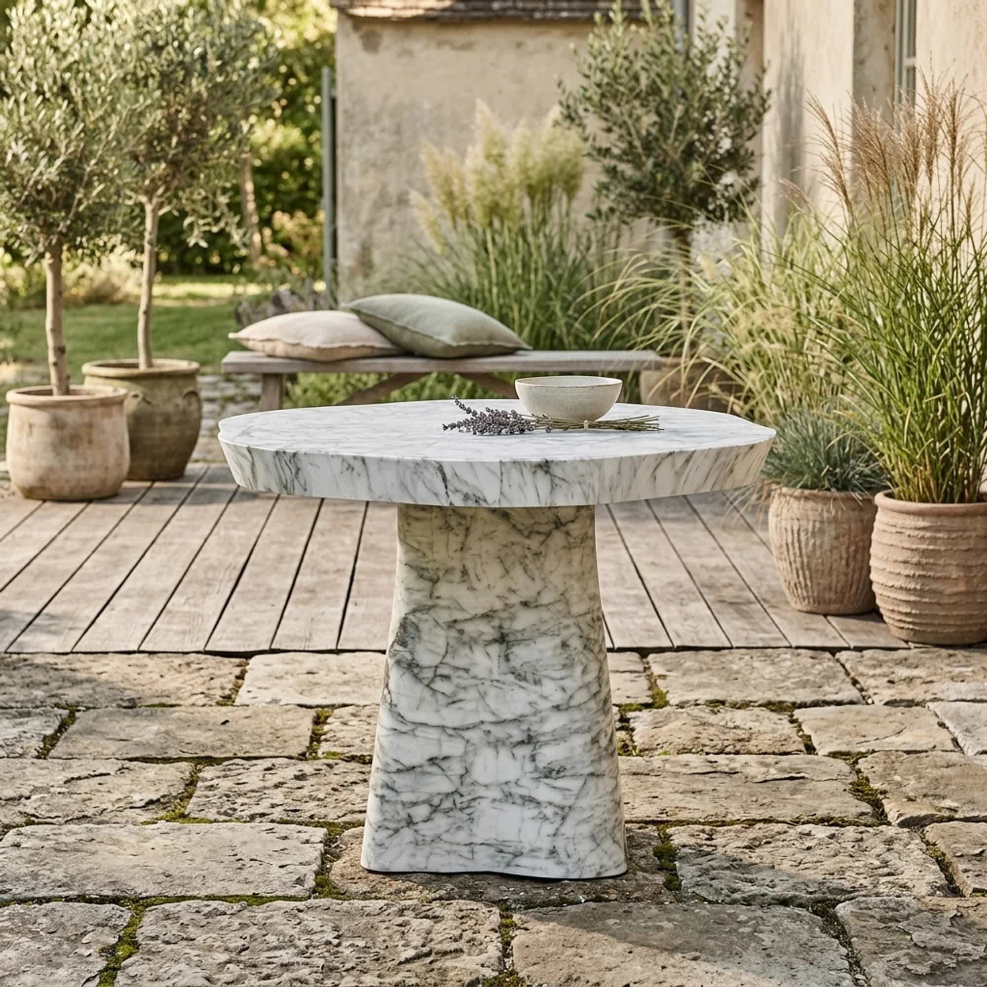 Outdoor eettafel Rockyard white marble look 100Ø