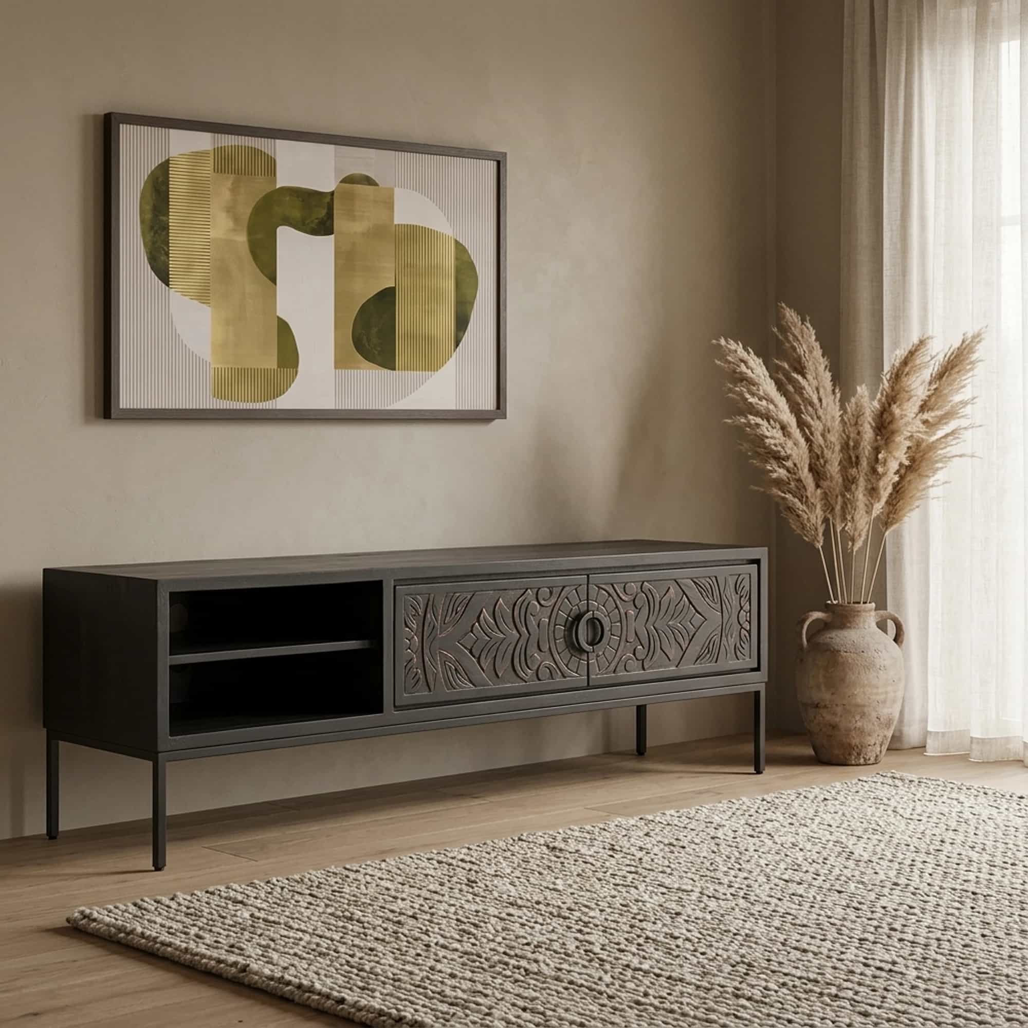 TV dressoir 160 met 2 deuren en 2 open vakken, Carving Collection - My Sons