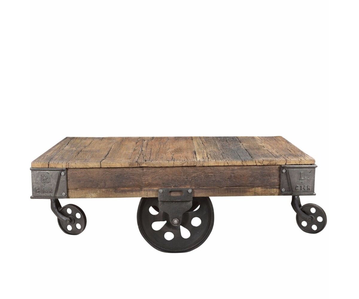 Bij dek Trend Salontafel Cart oud hout met wielen industrieel