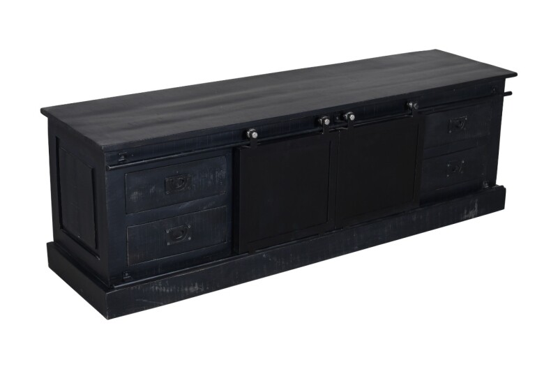 Industrieel tv-meubel mangohout zwart met schuifdeuren.