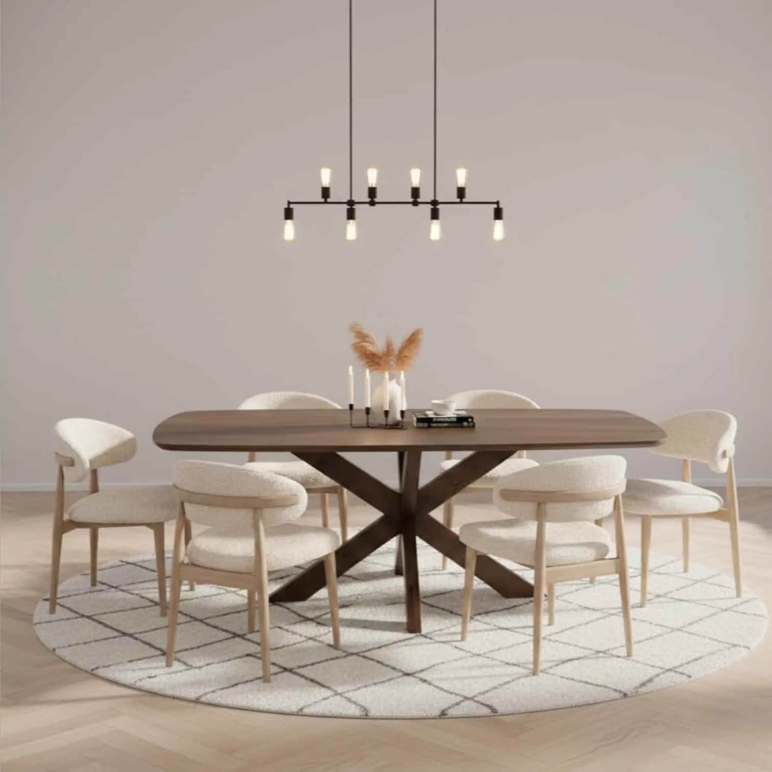 Mangohouten eettafel in Japandi-stijl met houten frame en gestoffeerde stoelen