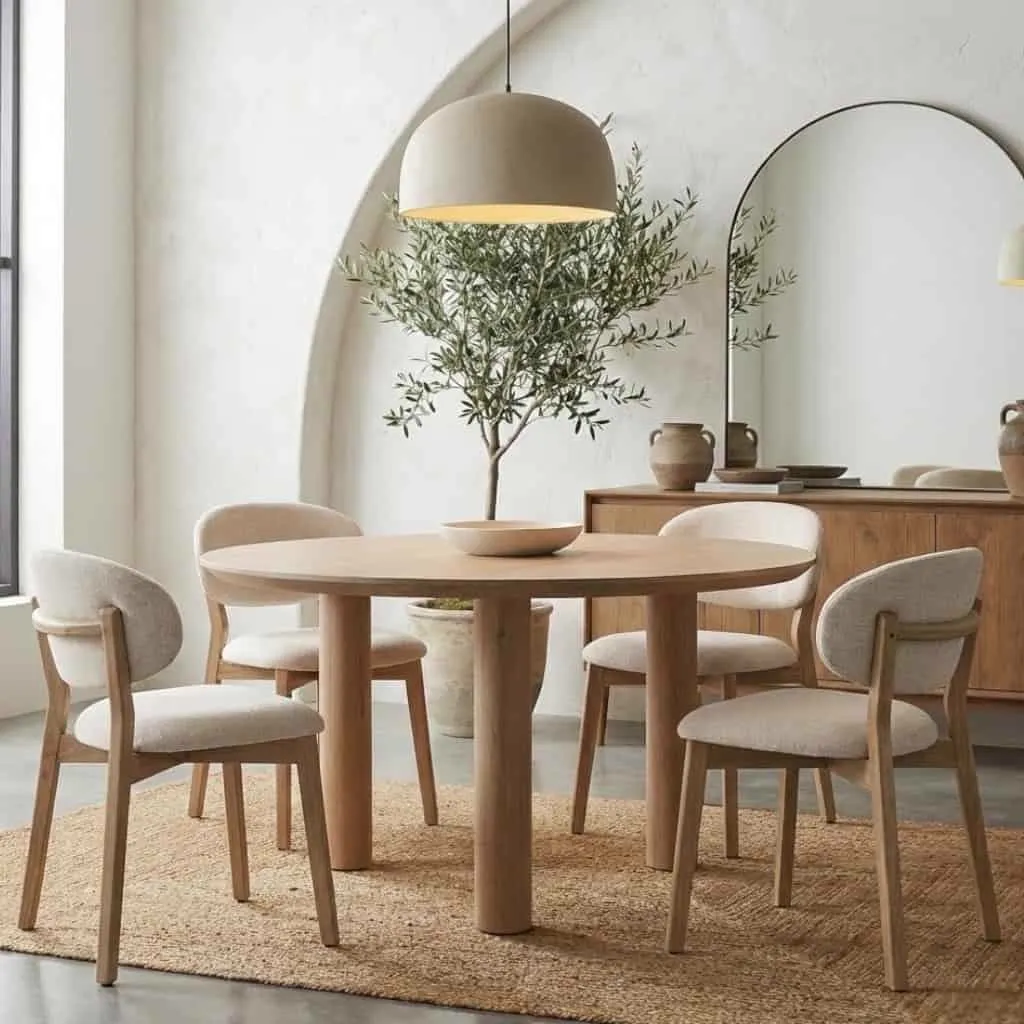 Houten ronde eettafel Thobias in Scandinavisch design met zes bijpassende stoelen in een minimalistische eetkamer van Mokana Meubelen