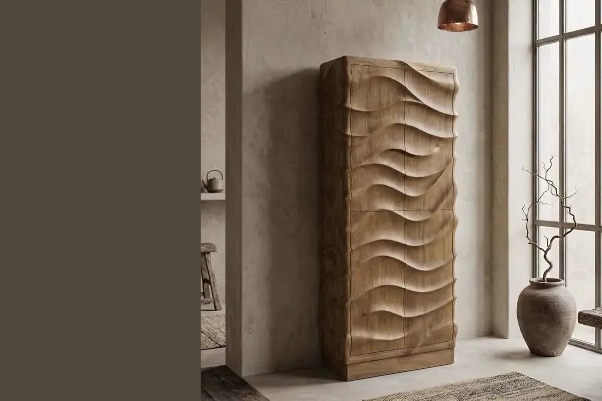 Organische wandkast Nyawa van teakhout, in een warm interieur bij het raam. World of Brosi.