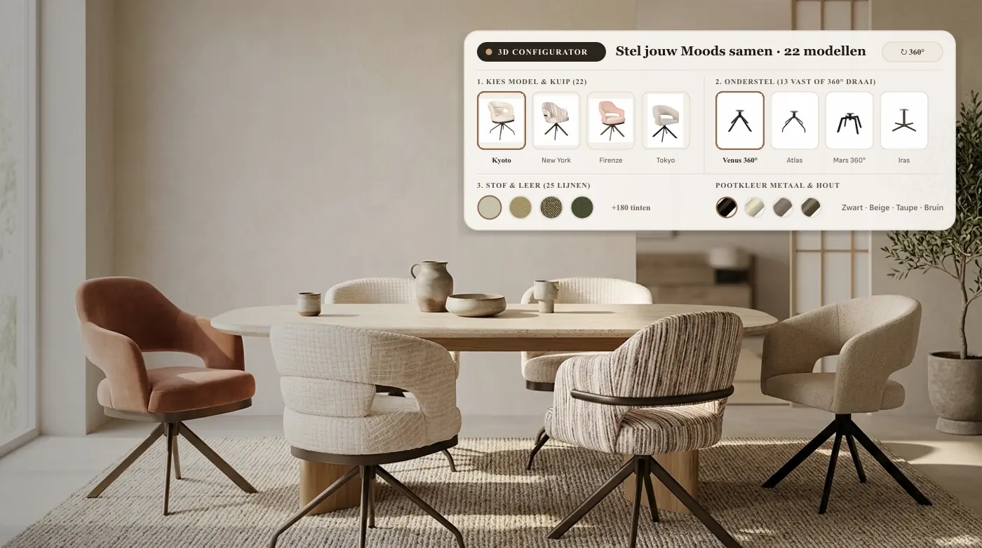 Moods Collection eetkamerstoelen Kyoto, New York en Firenze met interactieve 3D-configurator