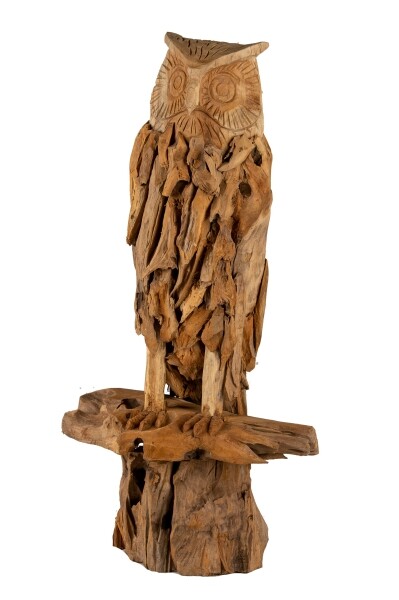Robuust beeld 'Owl on root' gemaakt van teakhout.