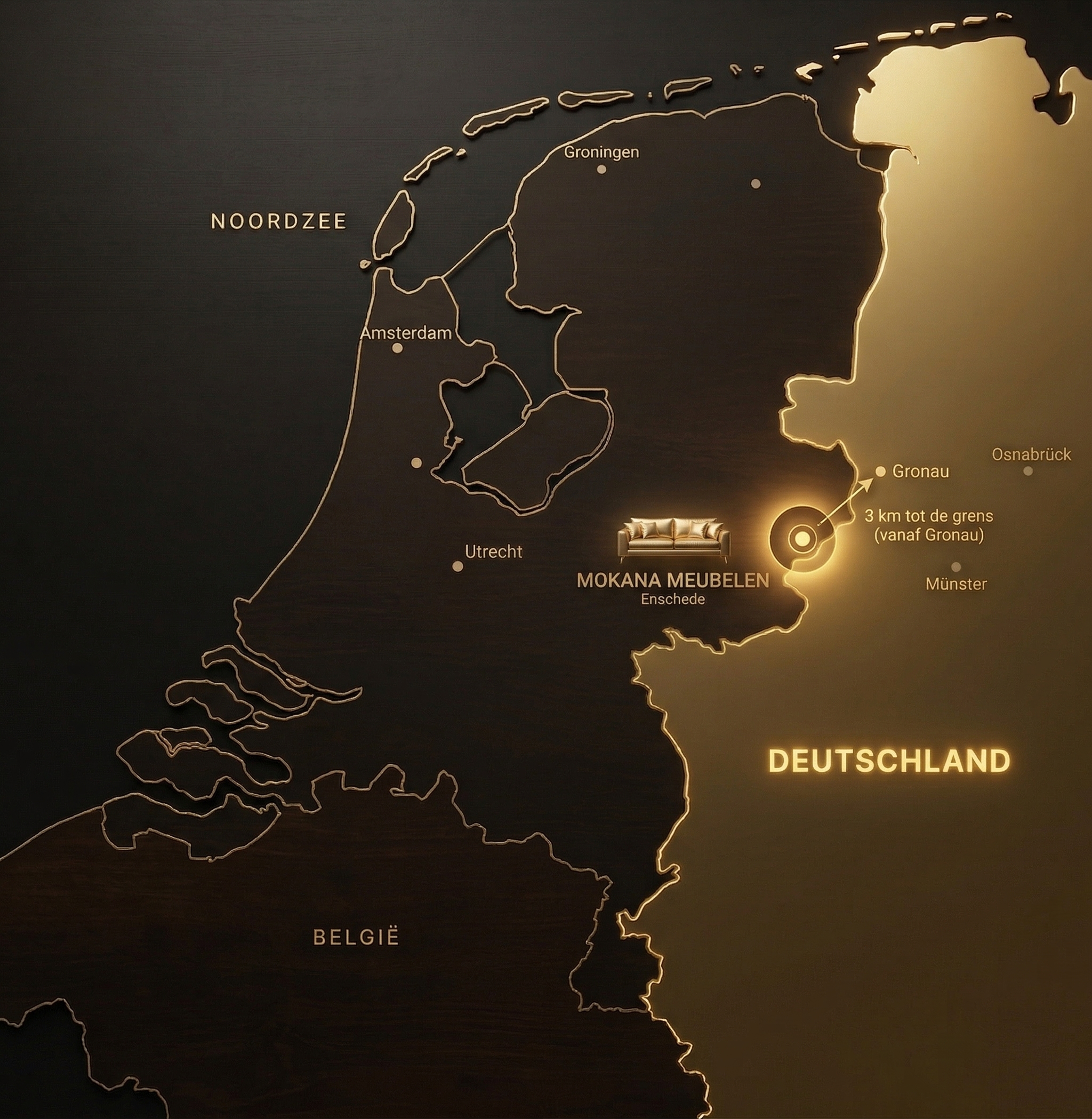 Kaart van Nederland met locatie Mokana Meubelen in Enschede, slechts 3 km van Gronau en de Duitse grens