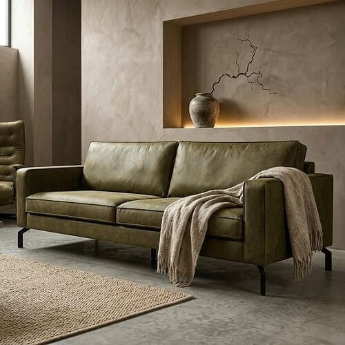 Elegante groene leren bank in een minimalistisch woonkamer met warme aardetinten en natuurlijke decoratie. Perfect voor een stijlvolle en comfortabele zithoek.