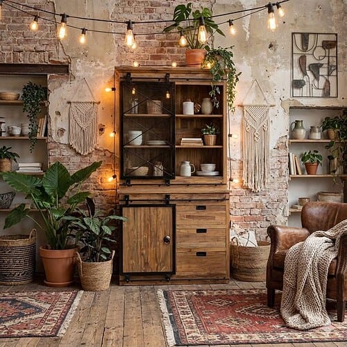 1. Houten meubel van Mokana Meubelen met industrieel design, open en afgesloten opbergmogelijkheden, perfect voor een warme, landelijke interieurstijl.