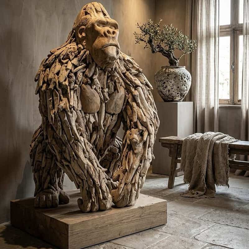 Grote houten gorilla sculptuur in interieur, gemaakt van natuurlijk hout, als unieke decoratie voor woonkamer of kantoor.