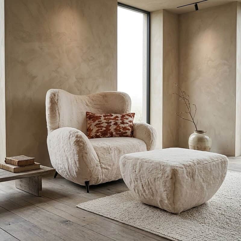Comfortabele lounge fauteuil Beer met voetenbank, bekleed met zachte, crèmekleurige stof, ideaal voor een gezellige zithoek in een modern interieur.
