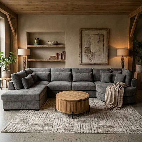 Hoekbank Moonlight van Beatris met rond eiland element en veel stofmogelijkheden in de woonwinkel van Mokana in Enschede