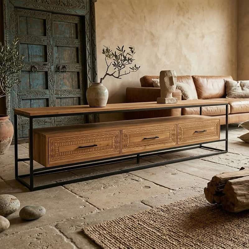 Modern houten tv-meubel met zwart metalen frame, perfect voor een stijlvolle woonkamer.