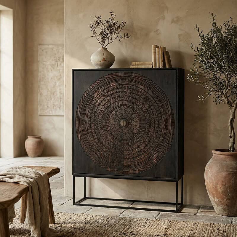 Moderne zwarte opbergkast met gedetailleerd houten patroon, perfect voor een stijlvolle en functionele woonkamer of slaapkamer.