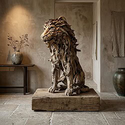 Houten Leeuw XL - Mokana Meubelen Handgemaakte houten leeuw sculptuur, uniek meubelstuk van natuurlijk hout, perfect voor interieurdecoratie.