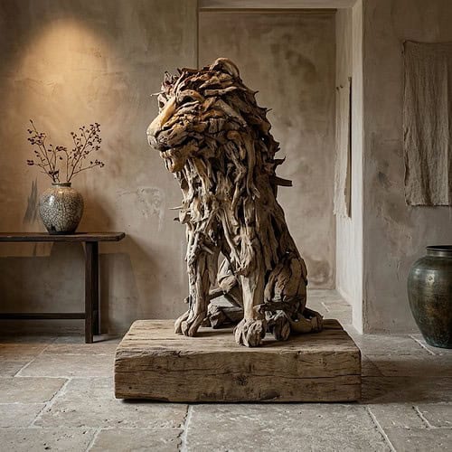 Handgemaakte houten leeuw sculptuur, uniek meubelstuk van natuurlijk hout, perfect voor interieurdecoratie.
