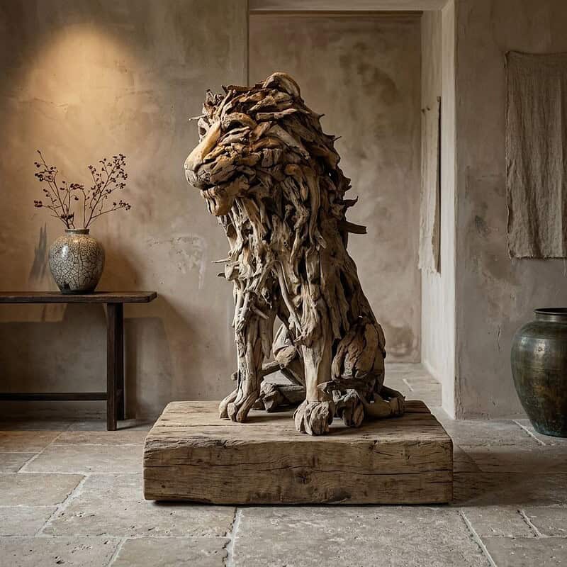 Houten Leeuw XL - Mokana Meubelen Handgemaakte houten leeuw sculptuur, uniek meubelstuk van natuurlijk hout, perfect voor interieurdecoratie.