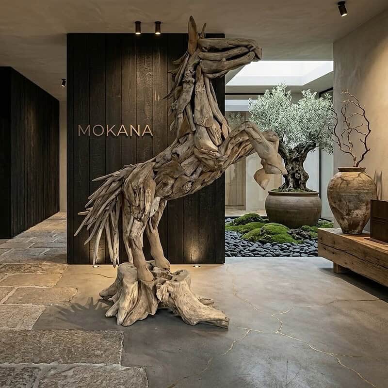 Unieke houten paard sculptuur van teak, perfect voor interieurdecoratie.