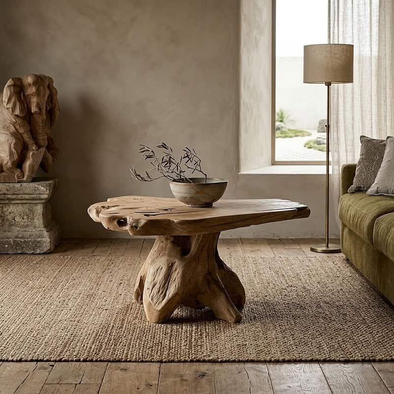 Massief houten salontafel gemaakt van een boomstam, perfect voor een natuurlijke en rustieke woonkamer inrichting.