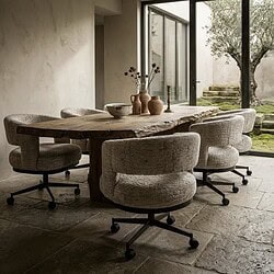 Comfortabele en stijlvolle Bridgestone eetkamerstoel met zachte bekleding en wieltjes, perfect voor een moderne eetkamer. Gemaakt van hoogwaardige materialen voor langdurig gebruik.