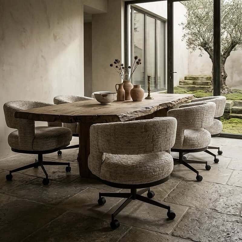 Comfortabele en stijlvolle Bridgestone eetkamerstoel met zachte bekleding en wieltjes, perfect voor een moderne eetkamer. Gemaakt van hoogwaardige materialen voor langdurig gebruik.