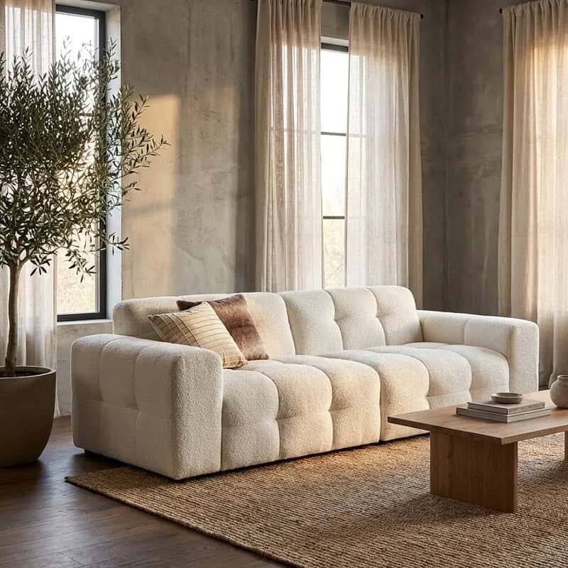 Comfortabele loungebank van Mokana Meubelen in een modern, rustiek interieur met natuurlijke lichtinval en stijlvolle decoratie.