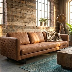 Houten bank met leren bekleding in industrieel interieur, natuurlijke uitstraling, modern en comfortabel design voor woonkamer.