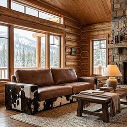 1. Luxe houten bank met leren en koeienhuid accent, in sfeervolle landelijke woonkamer met grote ramen en uitzicht op de sneeuwbedekte bossen.