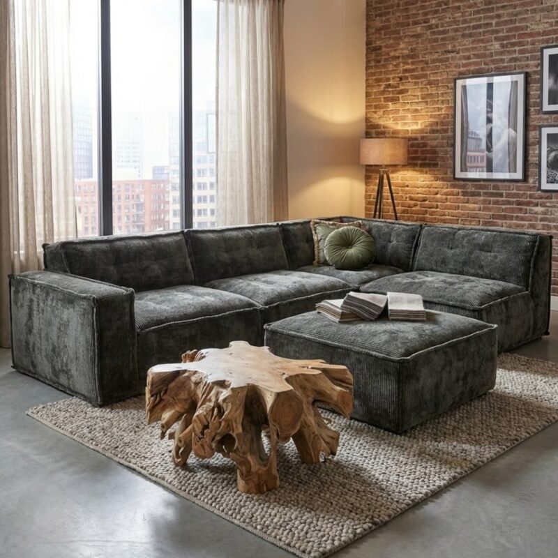 Ultramoderne leren hoekbank in een industrieel interieur, perfect voor een stijlvol woonkamer met natuurlijke materialen en lichte gordijnen.