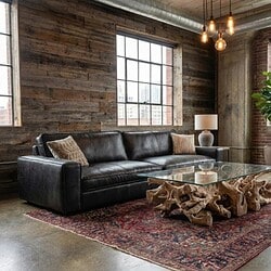 Raffineren leren banken met maatwerk in landelijke en industriële woonstijl, gecombineerd met uniek houten salontafel en vintage tapijt, perfect voor stijlvolle en stijlvolle woonkamerinterieurs.