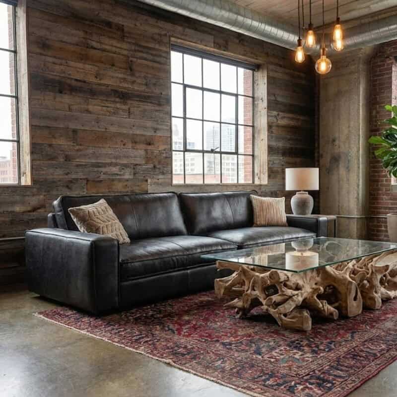 Raffineren leren banken met maatwerk in landelijke en industriële woonstijl, gecombineerd met uniek houten salontafel en vintage tapijt, perfect voor stijlvolle en stijlvolle woonkamerinterieurs.