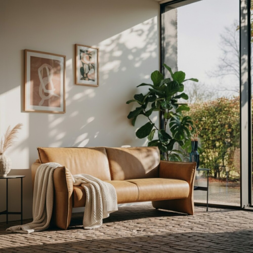 Elegante leren bank in natuurlijke tint met modern ontwerp, perfect voor stijlvolle woonkamerinrichting en comfortabel loungen, gecombineerd met groene planten en decoratie kunstwerken.