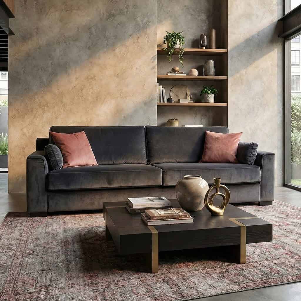 1. Moderne zwarte leren bank met roze sierkussens in een stijlvol woonkamerinterieur.