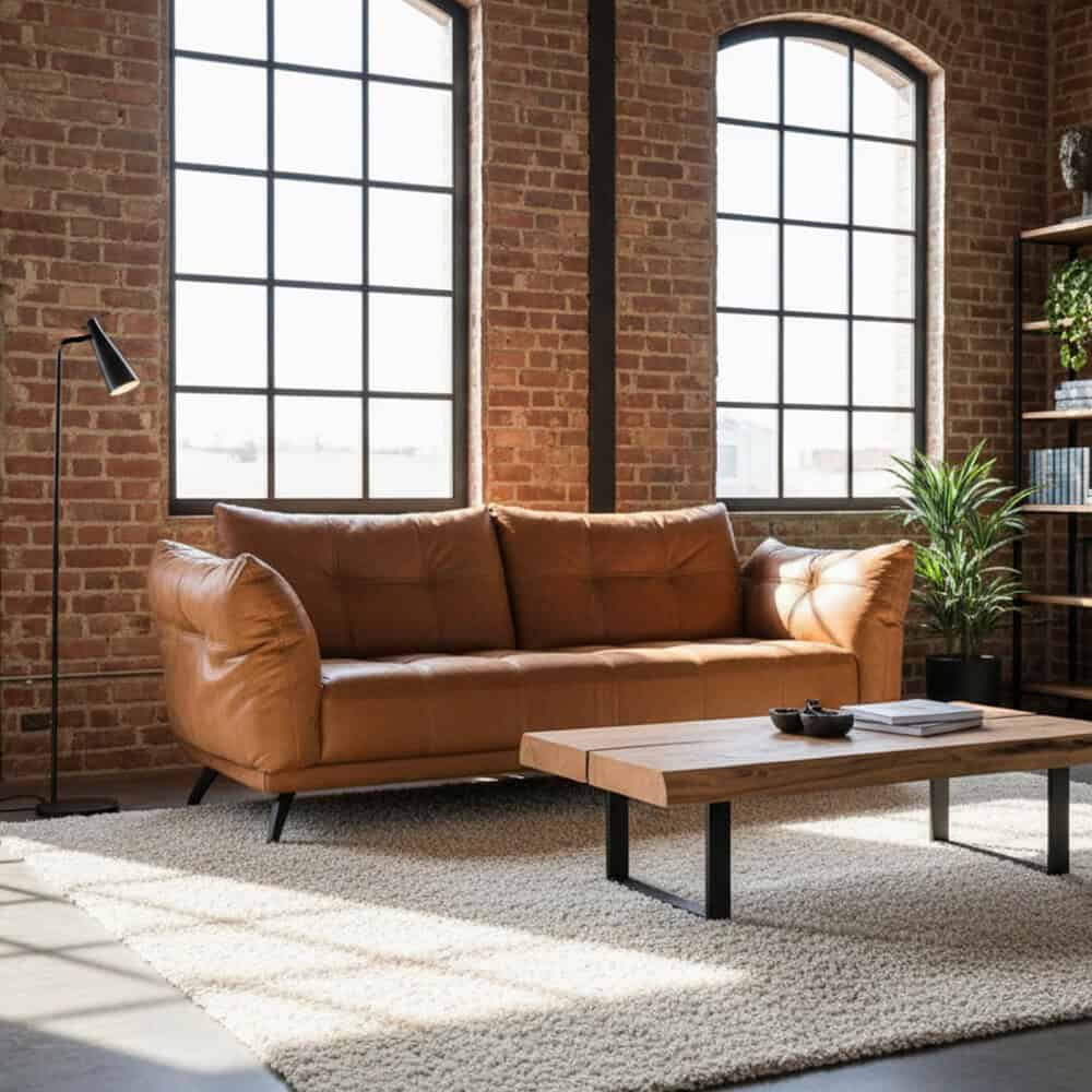 Moderne leren bank in industrieel interieur met grote ramen en rustieke brick wall, stijlvolle woonkamer meubels van Mokana Meubelen.