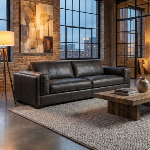 Zwarte leren bank in industrieel interieur met grote ramen, houten tafel en abstract kunstwerk, passend bij moderne en vintage woninginrichting.