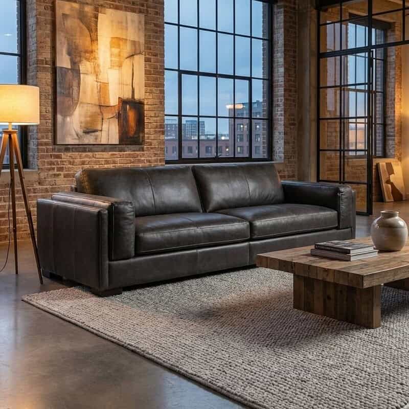 Zwarte leren bank in industrieel interieur met grote ramen, houten tafel en abstract kunstwerk, passend bij moderne en vintage woninginrichting.