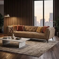 Capetown eco leder Elegante wollen bank met gestoffeerde armleuningen en kleurrijke verlichting, perfect voor een stijlvolle woonkamer.