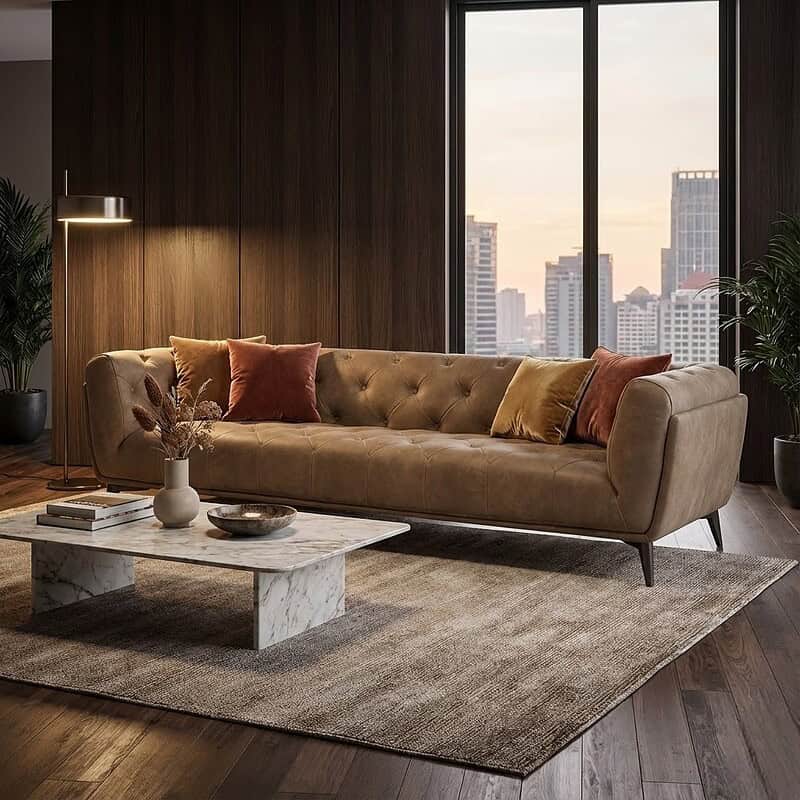 Capetown eco leder Elegante wollen bank met gestoffeerde armleuningen en kleurrijke verlichting, perfect voor een stijlvolle woonkamer.