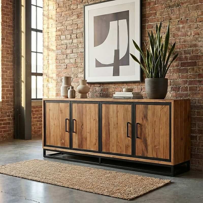 Dressoir Mick uit Teakhout met zwarte handgrepen massief verkrijgbaar bij Mokana Meubelen Strak houten dressoir met zwarte metalen frame voor moderne woonruimtes en industrieel interieur. Perfect als opbergmeubel in woonkamer of eetkamer, gemaakt van hoogwaardig massief hout.