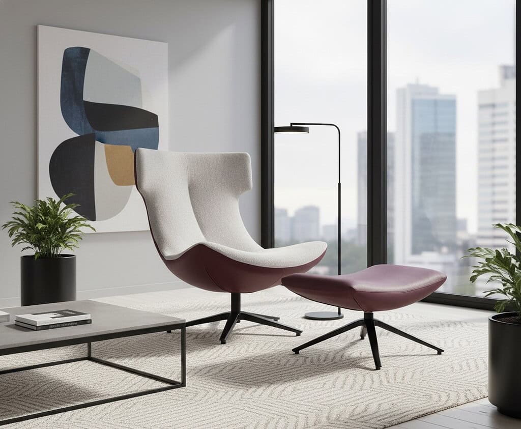 Moderne fauteuil met bijpassende voetenbank in een stijlvolle woonruimte, passend bij Mokana Meubelen collectie, combineert comfort en design in een eigentijdse inrichting.