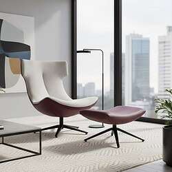 Fauteuil Hamer Moderne fauteuil met bijpassende voetenbank in een stijlvolle woonruimte, passend bij Mokana Meubelen collectie, combineert comfort en design in een eigentijdse inrichting.