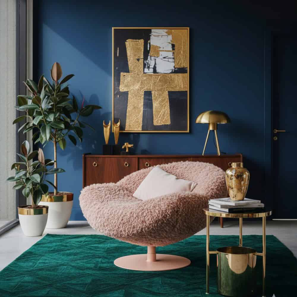 Elegante zithoek met velvet lounge stoel, moderne decor en kunst op muur met rijke kleuren en gouden accenten voor een stijlvolle interieur aesthetic.