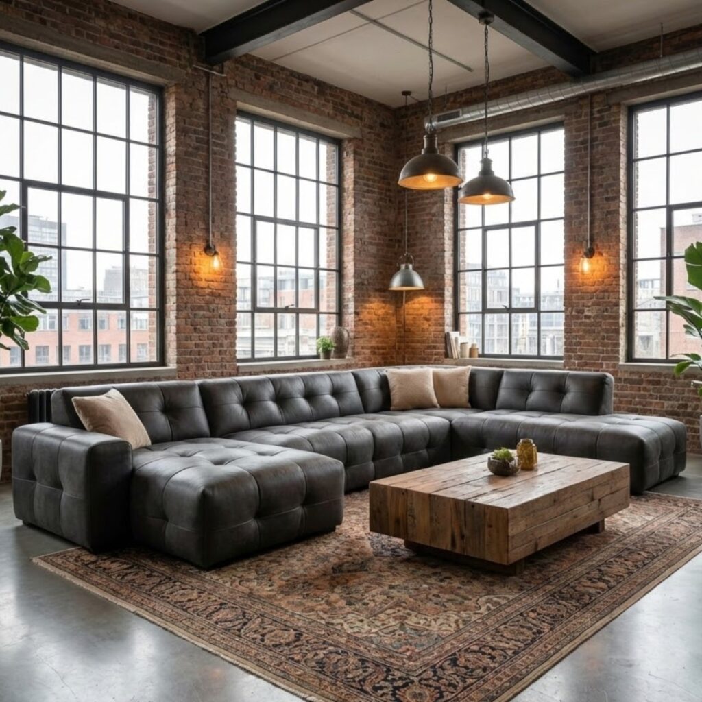 Stijlvolle industriële woonkamer met zwart leren banken, grote ramen, brique muren en vintage houten salontafel, perfect voor moderne inrichting en sfeercreatie.