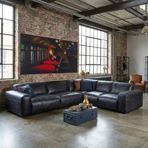 Hoekbank Beaumont in africa leder van meubelindustrie het anker in blauw leder