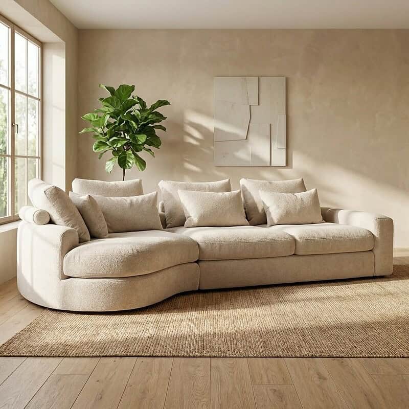 Huisbank in beige stof met comfortabele kussens en schuin design, passend bij moderne interieurstijlen.