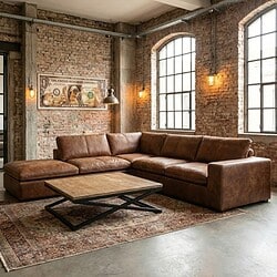 Eiken leren hoekbank in industrieel interieur met grote ramen en vintage verlichting, stijlvolle woonkamer inrichting.