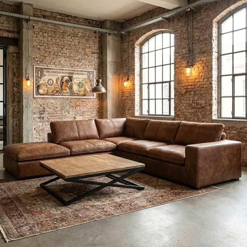 Eiken leren hoekbank in industrieel interieur met grote ramen en vintage verlichting, stijlvolle woonkamer inrichting.